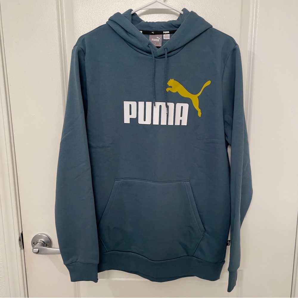 Puma Men's Teal Hoodie with Yellow Logo
